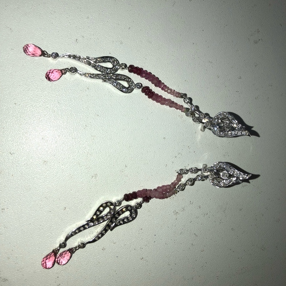 Delicate Pink Crystal Chain Drop Earrings with Silver Accents